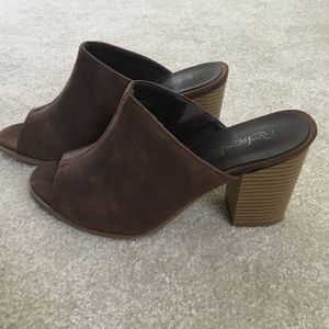 brown slip on mules